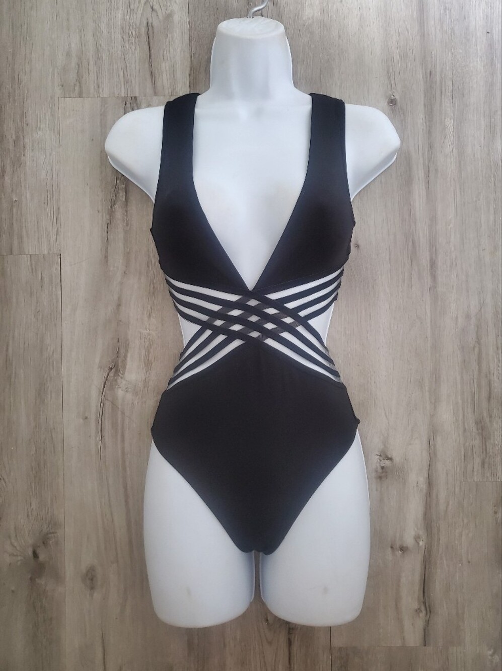 H&M Black One-Piece Swimsuit with Sheer Mesh Crisscross Straps Low Cut Plunge